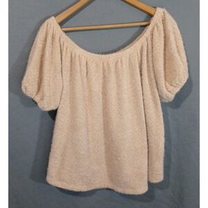 Sweater Womens Small Pink Off Shoulder Knit Top Blush Puffy Sleeve Cottagecore